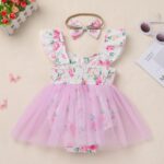 Baby Girl First Birthday Outfit Fly Sleeve Floral Printed Tutu Romper Dress with Bowknot Headband Set - Image 3