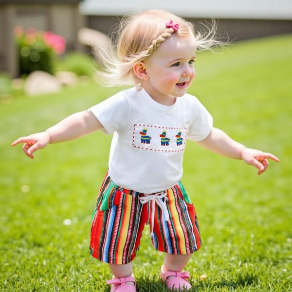 Toddler Kid Girls Summer Outfit Animal Embroidery Short Sleeve Top Colorful Stripes Elastic Waist Shorts Set 2Pcs Clothes Set - Image 2