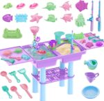 deAO Sand and Water Table for Toddlers, Outdoor Play Table Summer Toys with 23PCS Beach Toys, 2 Fishing Pool Toys, Sand Pit Water Table Children Garden Toys Activity Sensory Table for Kids (Purple) - Image 8