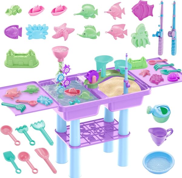 deAO Sand and Water Table for Toddlers, Outdoor Play Table Summer Toys with 23PCS Beach Toys, 2 Fishing Pool Toys, Sand Pit Water Table Children Garden Toys Activity Sensory Table for Kids (Purple) - Image 8