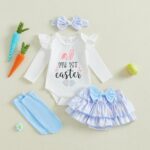 Qianderer Newborn Baby Girl Easter Outfit Bunny Clothes Long Sleeve Romper+Bloomers Tutu Skirt+Socks+Headband 4Pcs - Image 2