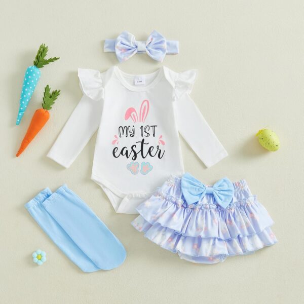 Qianderer Newborn Baby Girl Easter Outfit Bunny Clothes Long Sleeve Romper+Bloomers Tutu Skirt+Socks+Headband 4Pcs - Image 2