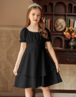 Arshiner Girls Summer Dress Puff Sleeves Chiffon Dress A-Line Tiered Dress Square Collar Children's Dress Swing Party Dresses with Belt 5-12 Years - Image 2