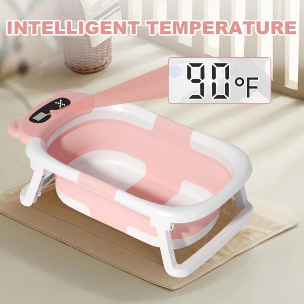 LiveGo Collapsible Baby Bathtub, Foldable Infant Tub for Newborn to Toddler (0-36 Months), Real-Time Temperature Monitor, Soft Cushion, Portable, Anti-Slip Feet, Drain Hole for Easy Use (Pink-A) - Image 2