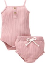 Infant Baby Girls Summer Knit Outfits 2 Piece Ribbed Sleeveless Romper Tops+Ruffle Bloomers Shorts Plain Clothes Set,SALES-CLEARANCE Pink 0-3 Months