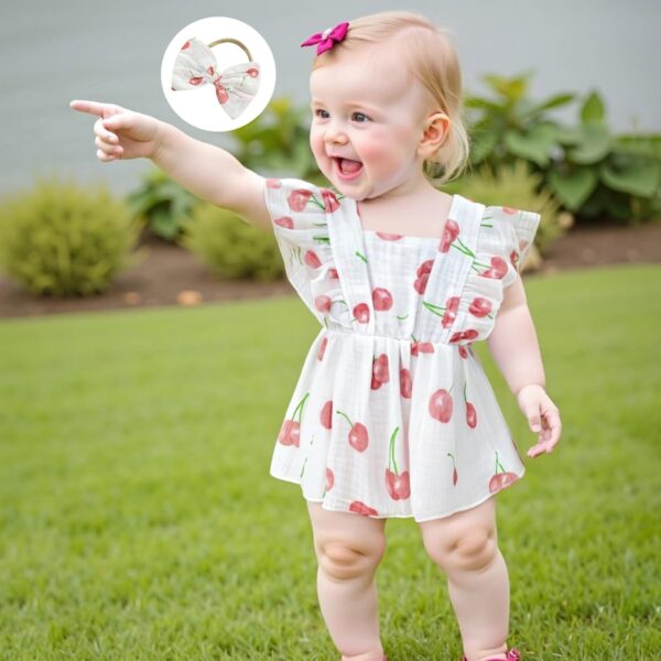 Baby Girl Summer Outfit Strawberry/Cherry/Lemon Smocked Tunic Tops Ruffle Bloomer Shorts Headband Cute 3Pcs Newborn Coming Home Summer Clothes 0-18M - Image 2