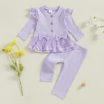Geagodelia Toddler Baby Girl Fall Winter Outfits Ruffled Long Sleeve Lace/Striped/Polka Dot Print Sweatshirt Ribbed Shirts Top with Long Pants 2Pcs Clothing Set for Little Girls - Image 2