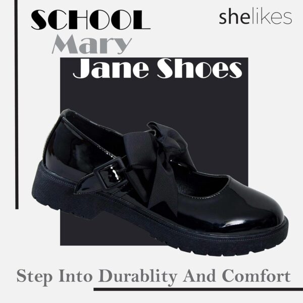 shelikes Girls Back to School Shoes Mary Jane Flat Shoes with Detachable Bow & Black Patent Shiny Ankle Strap - Image 2