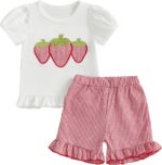 Baby Girl Outfit Strawberry Embroidery Short Sleeve T-Shirt Ruffle Plaid Shorts Toddler Summer Baby Clothes for Girls