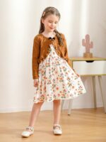 Baby Girl Dress With Cardigan Clothes Set Toddler Girls Long Sleeve Bow Button Cardigan + Sundress Suit Kids Knitted Cropped Sweaters Tops Dress 2 Piece Outfits 1-5 Years - Image 2