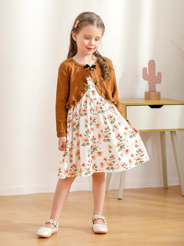 Baby Girl Dress With Cardigan Clothes Set Toddler Girls Long Sleeve Bow Button Cardigan + Sundress Suit Kids Knitted Cropped Sweaters Tops Dress 2 Piece Outfits 1-5 Years - Image 2
