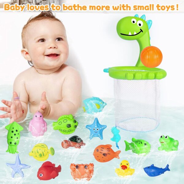 21Pcs Baby Bath Toys, Dinosaur Bathtub Toy for 3-6 Boys and Girls, 1 Dino Fishing Net &1 Fishing Rod & 3 Soft Ball & 15 Sea Animal Rubber Toys Children Fish Catching Game - Image 2