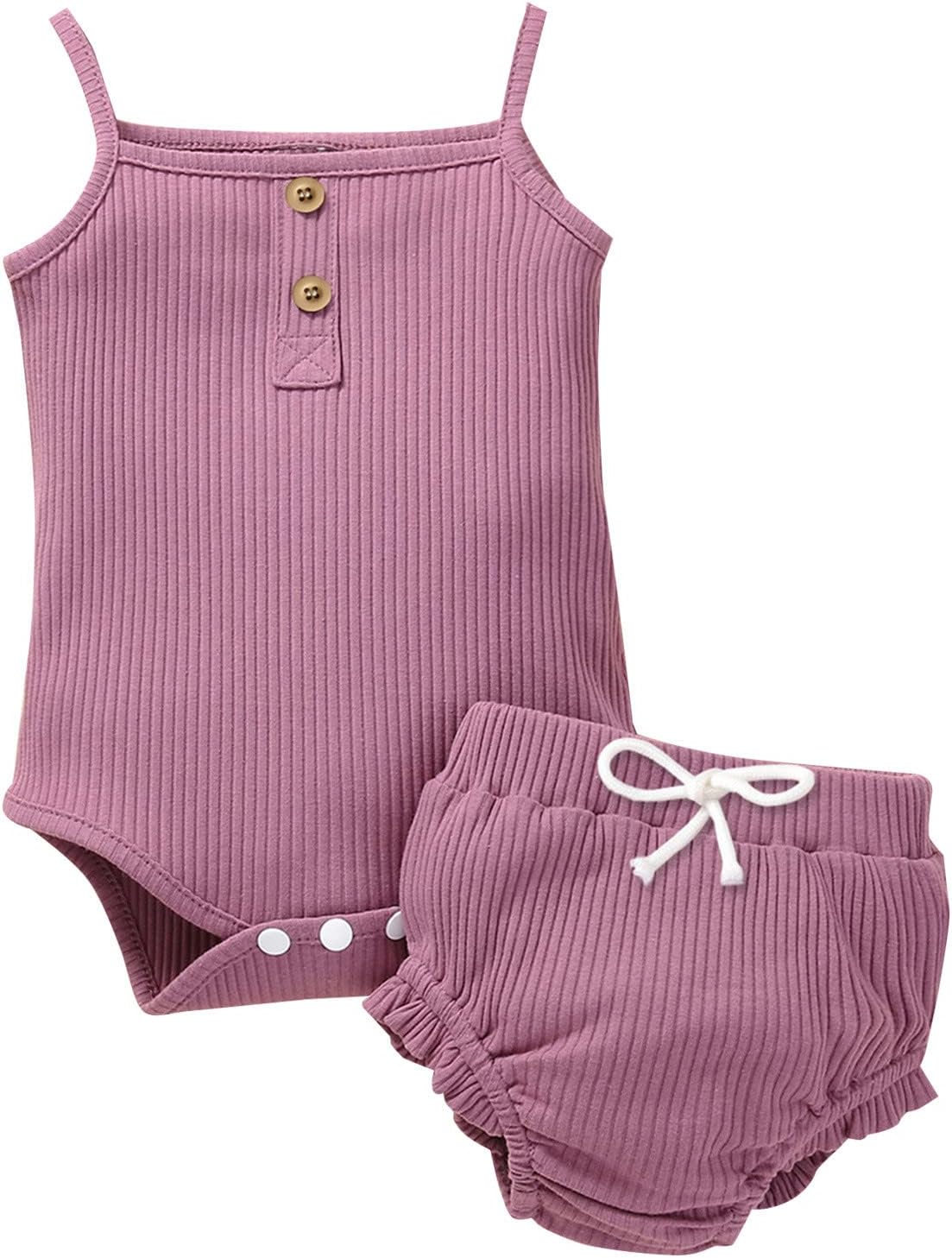 719SxTOE3L._AC_SL1500_.jpg Infant Baby Girls Summer Knit Outfits 2 Piece Ribbed Sleeveless Romper Tops+Ruffle Bloomers Shorts Plain Clothes Set,SALES-CLEARANCE Purple 0-3 Months - Image 1