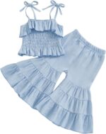 Toddler Girl Summer Clothes Smocked Ruffle Camisole Tank Shirts Wide-Leg Flared Pants Set 2Pcs Bell Bottoms Outfit