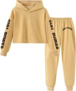 Xumplo Girl's 2 Piece Outfits Tween Girls Long Sleeve Hoodie with Pants Clothes Set Teens Brown Casual Clothing