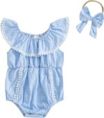 Baby Girl Romper Outfit Plaid Print with Headband Cute Romper Bodysuit Summer Newborn Clothes for Baby Girls 0-24 Months