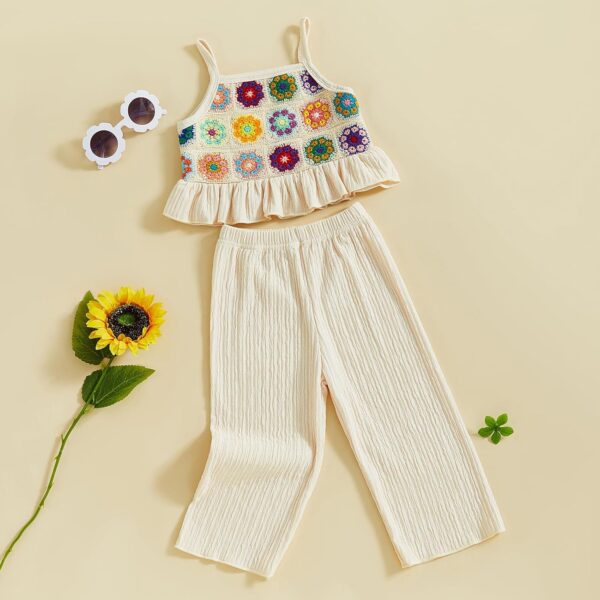Baby Girl Summer Outfit Floral Crochet Ruffle Sleeveless Camisole Tops Trousers Kids Girl Clothes - Image 4