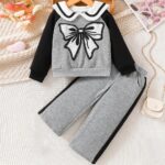 Valcatch Kids Girls Outfits Clothes Set Cute Bowknot Print Contrast color Long Sleeve Cotton Shirt Jumper Pullover Tops Sweatshirt Pants Spring Fall 2 Piece Clothing Set 3-9 Years - Image 2