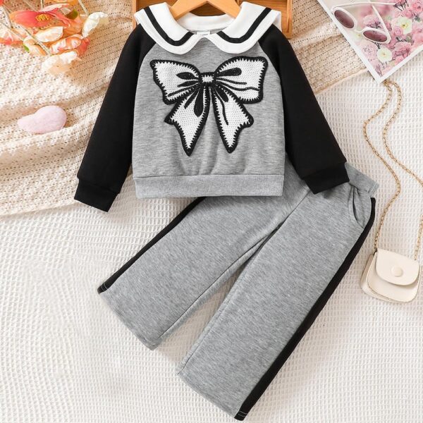 Valcatch Kids Girls Outfits Clothes Set Cute Bowknot Print Contrast color Long Sleeve Cotton Shirt Jumper Pullover Tops Sweatshirt Pants Spring Fall 2 Piece Clothing Set 3-9 Years - Image 2