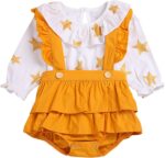 De feuilles Baby Girls Ruffle Peter Pan Collar Long Sleeve Shirt Tops with Strap Romper Jumpsuit Bloomers Shorts 2pcs Outfits Set - Image 2