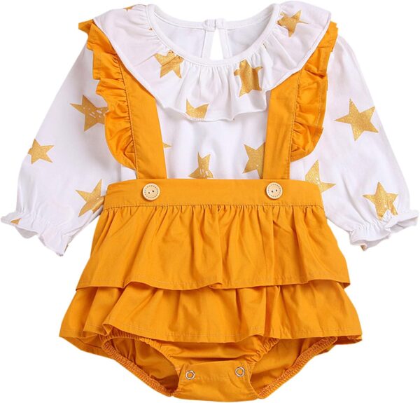 De feuilles Baby Girls Ruffle Peter Pan Collar Long Sleeve Shirt Tops with Strap Romper Jumpsuit Bloomers Shorts 2pcs Outfits Set - Image 2