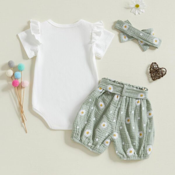 L&ieserram Baby Girls Little Daisy Print Outfits Short Sleeve Bodysuit Top Belted Pants Headband 3Pcs Summer Set - Image 2