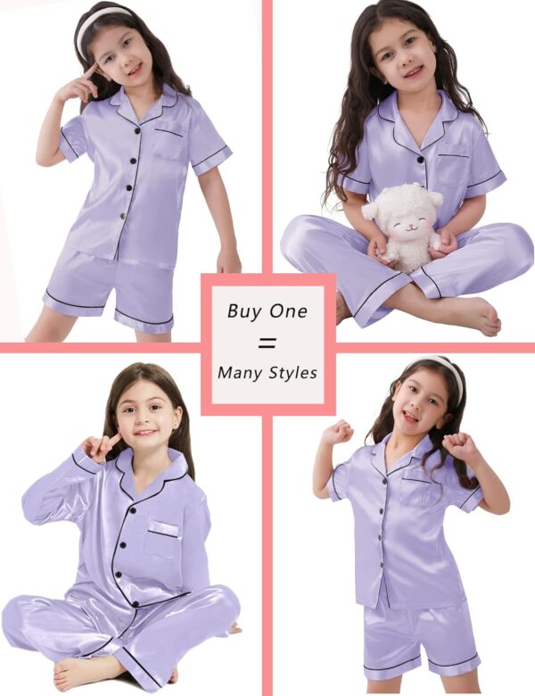 SWOMOG Kids Silk Satin Pyjama 4 Pcs Girls Boys Silky Pyjamas Set Button-Down PJs Sets Soft Long & Short Sleeve Sleepwear Teenage - Image 3
