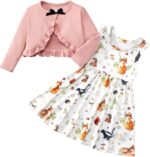 Baby Girl Dress With Cardigan Clothes Set Toddler Girls Long Sleeve Bow Button Cardigan + Sundress Suit Kids Knitted Cropped Sweaters Tops Dress 2 Piece Outfits 1-5 Years
