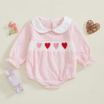 Yoisdtxc Infant Baby Girl Cute Outfit Heart Print Smocked Bubble Romper Doll Collar Bodysuit Headband Spring Clothes - Image 2