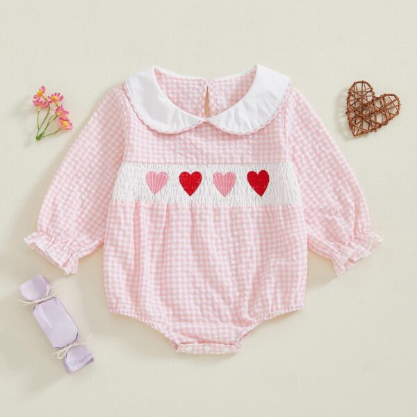 Yoisdtxc Infant Baby Girl Cute Outfit Heart Print Smocked Bubble Romper Doll Collar Bodysuit Headband Spring Clothes - Image 2