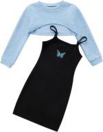 Girl's 2 Piece Outfits Kids Long Sleeve Crop Top and Cami Dress Set Teen Girls Pullover Sweatshirt + Butterfly/Plaid Print Bodycon Dress Clothes Christmas Party Casual Costumes
