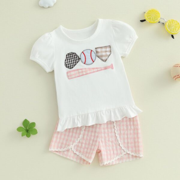Baby Girl Summer Clothes Set Baseball Embroidery Short Sleeve Ruffle T Shirt Plaid Shorts Toddler Girls Outfit - Image 2