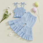 Toddler Girl Summer Clothes Smocked Ruffle Camisole Tank Shirts Wide-Leg Flared Pants Set 2Pcs Bell Bottoms Outfit - Image 3