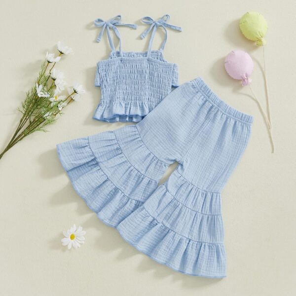Toddler Girl Summer Clothes Smocked Ruffle Camisole Tank Shirts Wide-Leg Flared Pants Set 2Pcs Bell Bottoms Outfit - Image 3