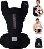 Bebamour Baby Carrier Newborn to Toddler Baby Carrier Hipseat 0-36Months with Head Hood, 3 PCS Teething Pads, Waist Extender, Black Pro