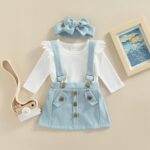 Newbron Baby Girl Summer Outfits Ruffle Short Sleeve Ribbed Romper Suspender Skirt with Headband 3Pcs Clothes Set - Image 3