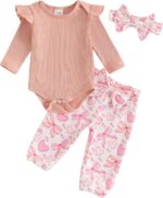 Baby Girls Romper Outfit Long Sleeve Bodysuit Floral Pants with Headband Set 3Pcs Newborn Clothes for Baby Girl 0-18 Months Fall Spring Winter