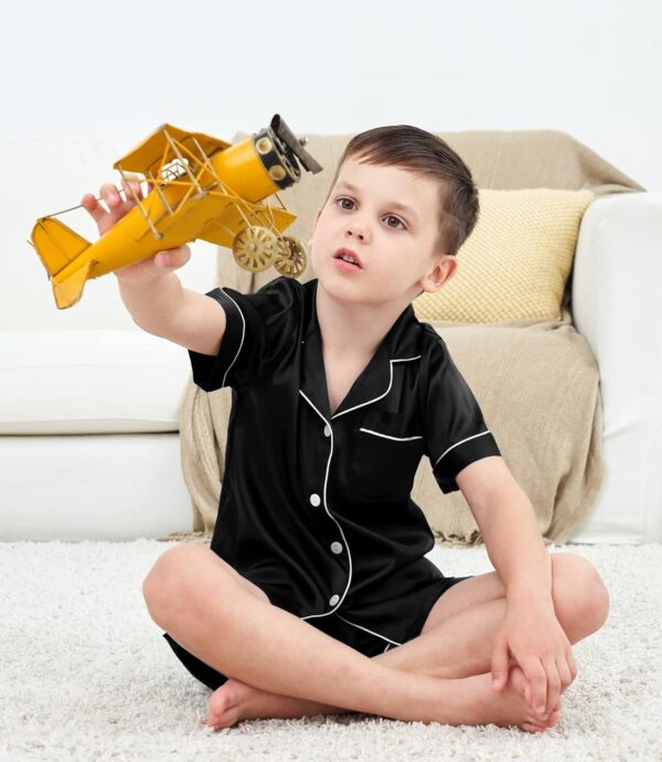 SWOMOG Kid's Silk Pyjamas 3 Piece Girls Boys Satin Pyjamas Set Button-Down PJs Sets Soft Lounge Sets Short Sleeve Sleepwear - Image 7