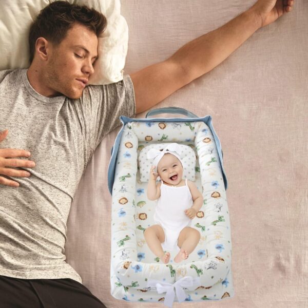 Baby Lounger with Pillow,Baby Lounger for Newborn Portable,Baby Nest Cosleeping for Baby in Bed Adjustable Size & Strong Zipper Lengthen Space to 24 Months(Animal World Blue) - Image 2