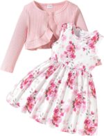 puseky Toddler Baby Girls Dress and Cardigan Set Baby Girl Floral Print Sleeveless Dress and Coat 2Pcs Fall Outfits Set