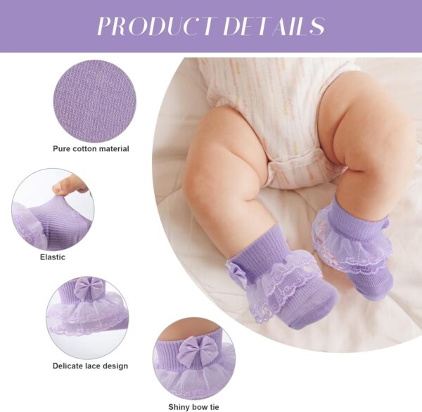 FRIUSATE 9 Pairs Baby Girl Frilly Socks, White Lace Soft Comfortable Cotton Colorful Lace with Bowknot Ankle Socks for Newborn Baby Girls - Image 2