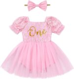 Odizli Baby Girls 1st Birthday Outfit Short Sleeve Boho Lace One Tulle Romper Dress + Bowknot Headband Cake Smash Photo Shoot