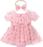FYMNSI Newborn Infant Baby Girls Romper Dress Short Puff Sleeve Square Neck Tutu Tulle Princess Dresses with Bowknot Headband 2pcs Set - Image 2