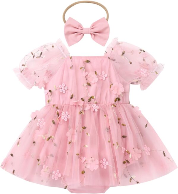FYMNSI Newborn Infant Baby Girls Romper Dress Short Puff Sleeve Square Neck Tutu Tulle Princess Dresses with Bowknot Headband 2pcs Set - Image 2