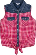 Bienzoe Girls Crop Tank Tops: Cowgirl Plaid Sleeveless Button Down Western Casual Blouse