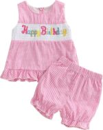 MAHUAOYIXI Toddler Baby Girl Birthday Outfit Short Sleeve Letter Embroidery Shirts Ruffled Hem Tank Tops Vest and Plaid Bloomer Shorts 2Pcs Set Happy Birthday Clothes for Little Girls