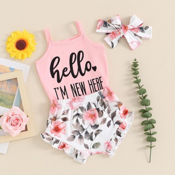 Newborn Baby Girl Summer Clothes Sleeveless Romper Bodysuit + Floral Bloomers Short + Headband Infant 3Pcs Outfit - Image 2