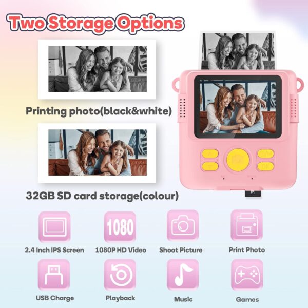 Kids Camera for Girls Boys, Kids Instant Print Camera Toy for 3-14 Year Old, 1080P HD Kids Digital Camera with Photo Paper Birthday Gifts for 3 4 5 6 7 8 9+ Year Old Girl 6 Colour Pens 32GB SD Card - Image 3