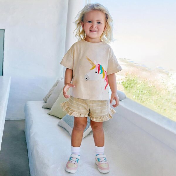 TCWWBB Toddler Girls Summer Short Outfits Clothes Set Kids Cute Unicorn Bunny Rainbow Animal Print Short Sleeve Cotton T-Shirt Tops and Shorts 2 Piece Crewneck Clothing Set Age 1-7 Years Old - Image 2