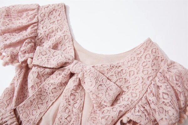 Beganly Girls Elegant Lace Princess Dress Toddler Vintage Pom Pom Flutter Sleeve Party Dresses - Image 5